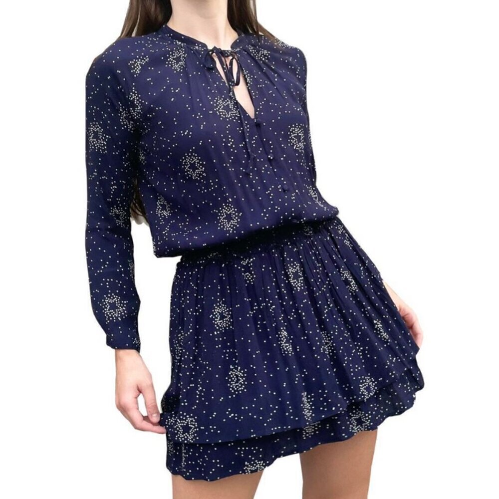 Rails Jasmine Navy Stella Star‎ Pattern Dress Button Front Smocked Waist sz XS